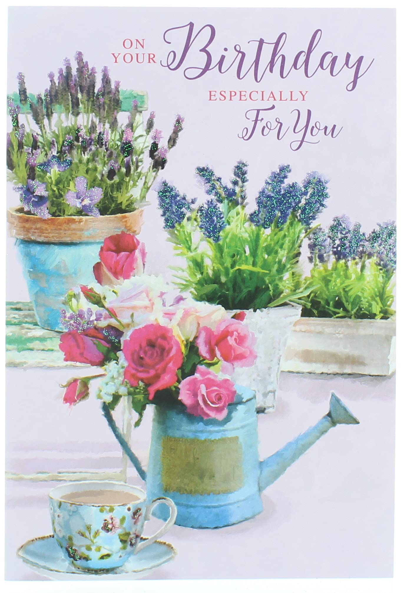Open Female Birthday Card Watering Can Pink Flowers Butterflies Glitter 7.7x5.25