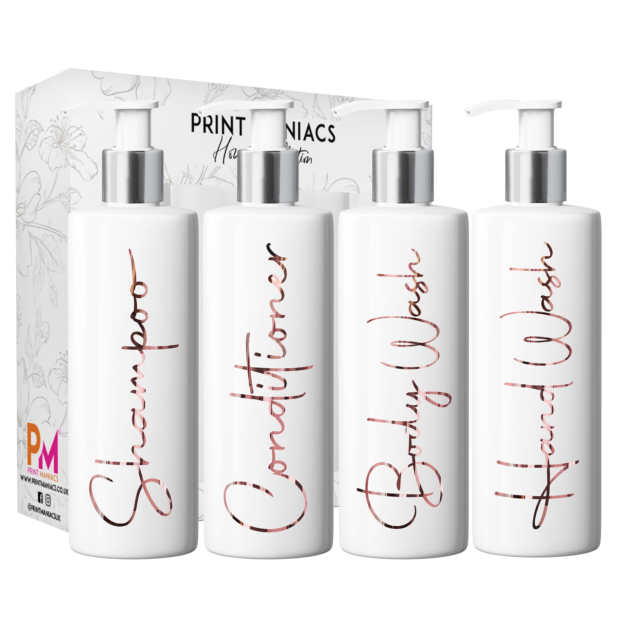 Print Maniacs White Mrs Hinch Inspired Personalised 500ml Pump Bottles Bathroom Lotion Kitchen Set Shampoo Conditioner (Hand Wash Set, F2) (Rose Gold)