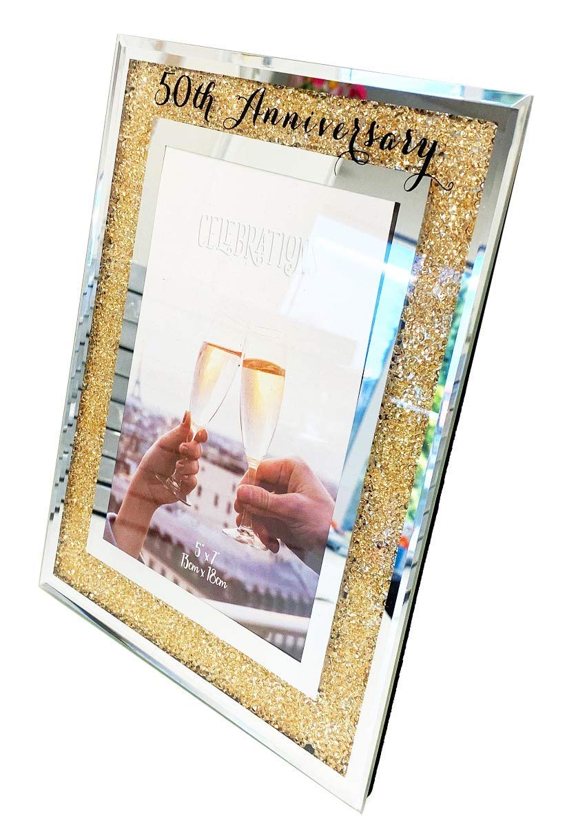 50th Wedding Anniversary Photo Frame Golden Mirror Glass Crystal Diamante Gift