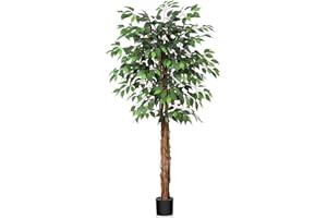 OAKRED 5FT Artificial Ficus Tree with Natural Wood Trunk and Realistic Leaves, Silk Faux Ficus Tree for Home Decor Indoor, Tall Green Fake Plant with Pot for Office Living Room Outdoor, Set of 1