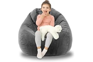 LPMOERA 3FT Bean Bag Chairs for Kids/Teens with Memory Foam Filling Bean Bag Sofa with Handle Ultra Soft Washable Corduroy Fabric Lazy Sofa for Living Room Bedroom College Dorm Dark Grey