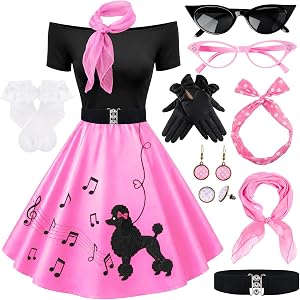 1950s Sock Hop Outfit Women Poodle Skirt Off Shoulder Top Accessories | 50s vintage costume with poodle skirt, off shoulder t