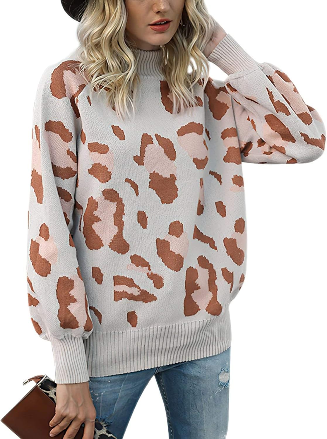 Timagebreze Women Turtleneck Leopard Knitted Sweater Animal Print