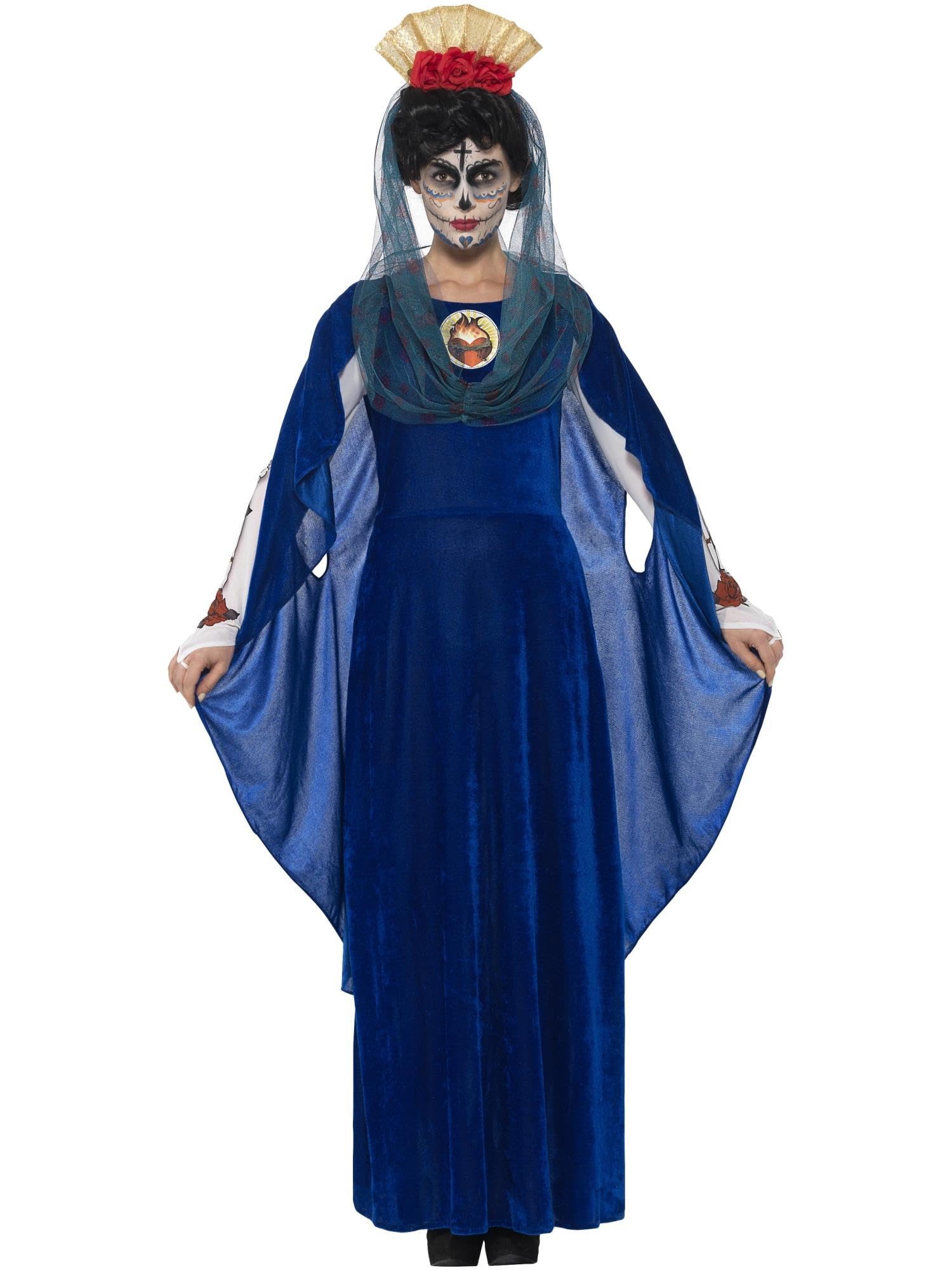 Smiffys Day of the Dead Sacred Mary Costume, Blue with Dress, 3D Print Heart, Headband & Hood, Mexican Day of The Dead/Sugar Fancy Dress, Halloween Dress Up Costumes