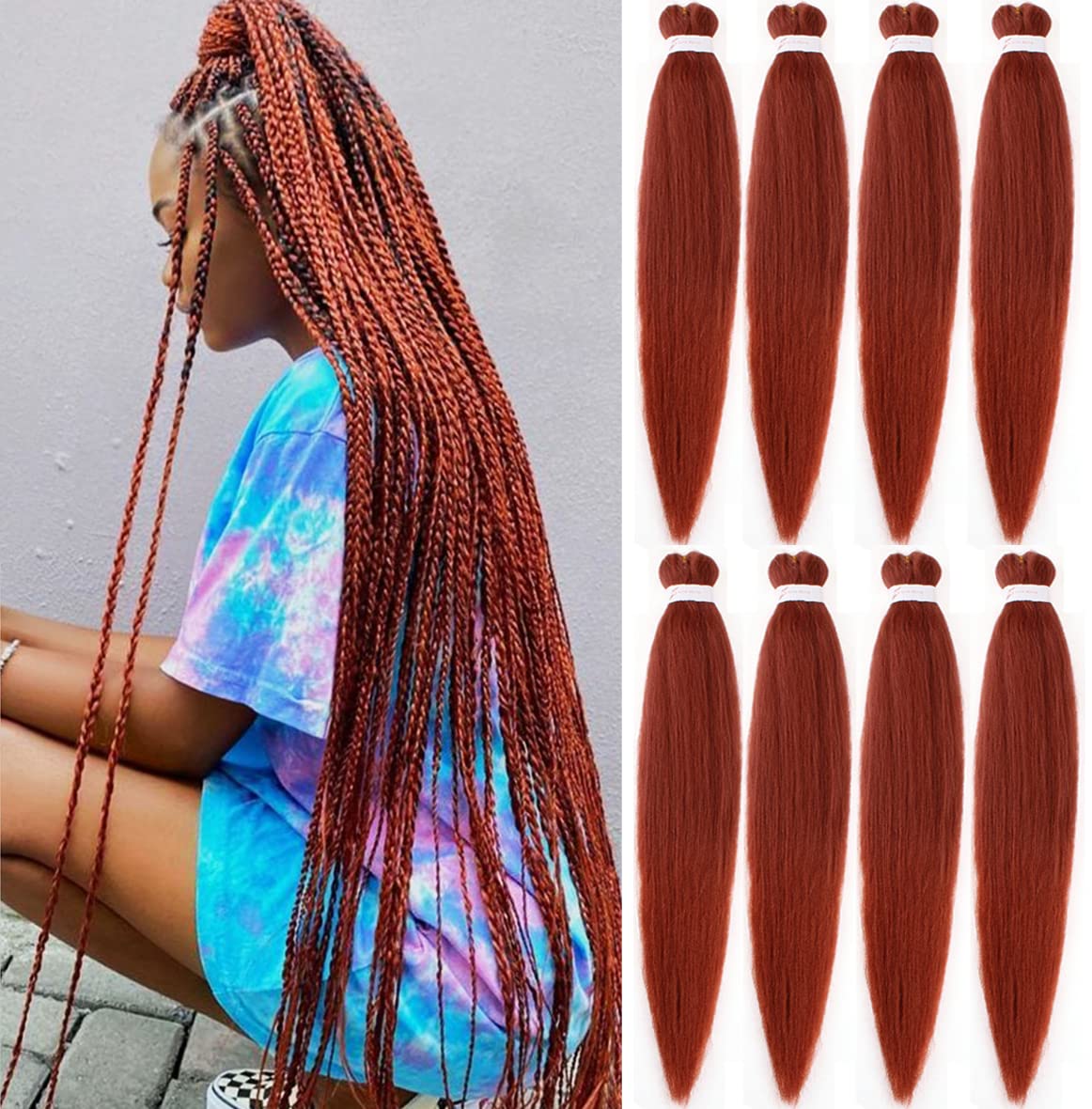 Leeven 8 Packs Brown Pre Stretched Braiding Hair Extensions 30 Inch Yaki Hot Water Setting Fiber EZ Braid Pre-stretched Braiding Hair for Box Braids Knotless Braids /30 Inch 350#