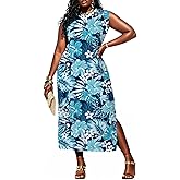 UOUA Women Summer Maxi Dresses Plus Size Casual Hawaiian Sundress Sleeveless Loose Split Beach Dress with Pockets