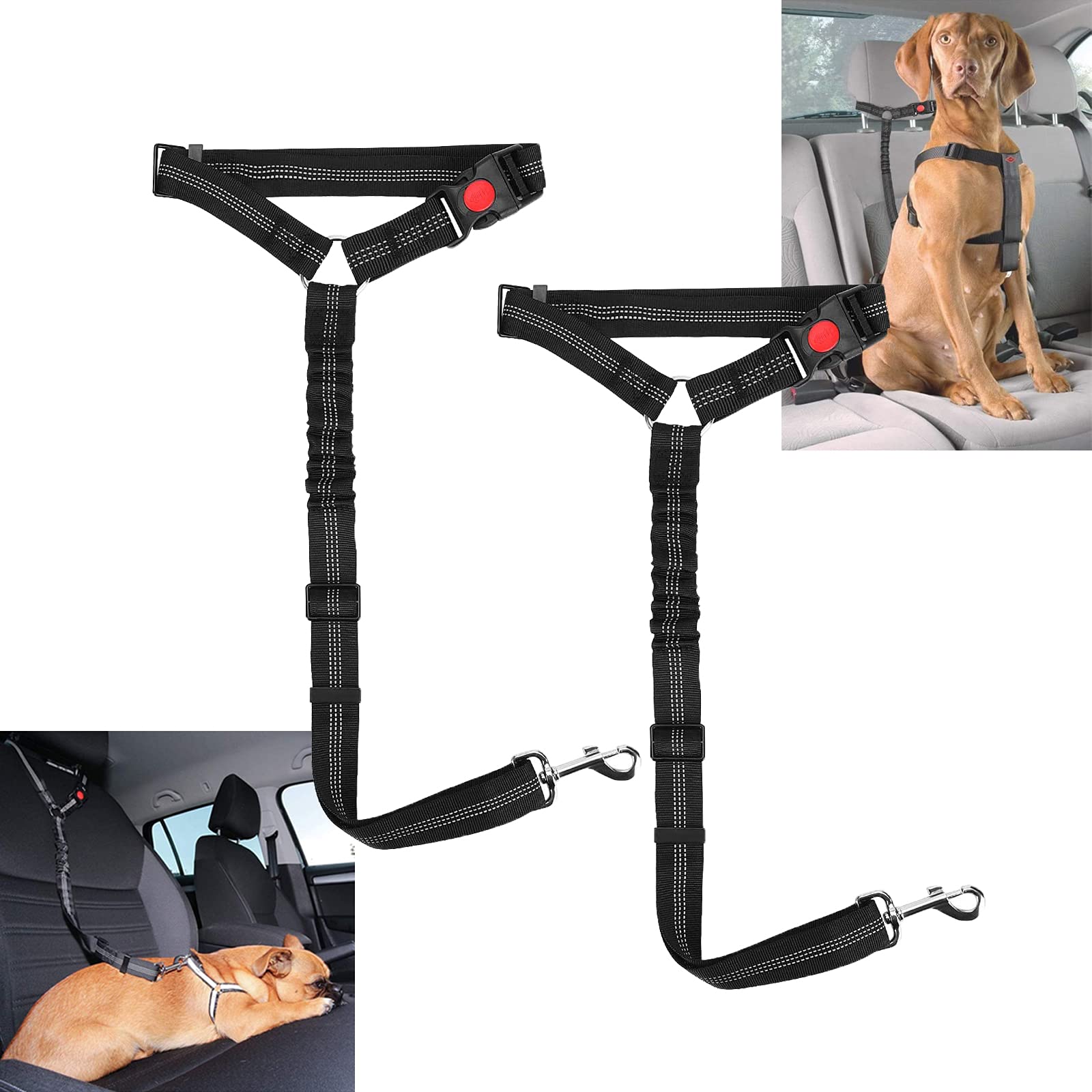 2 Pack Headrest Dog Car Seat Belt, Adjustable Durable Safety Pet Dog Car Harness, with Elastic Waterproof Nylon Bungee Buffer Lead, for Small/Medium/Large pets