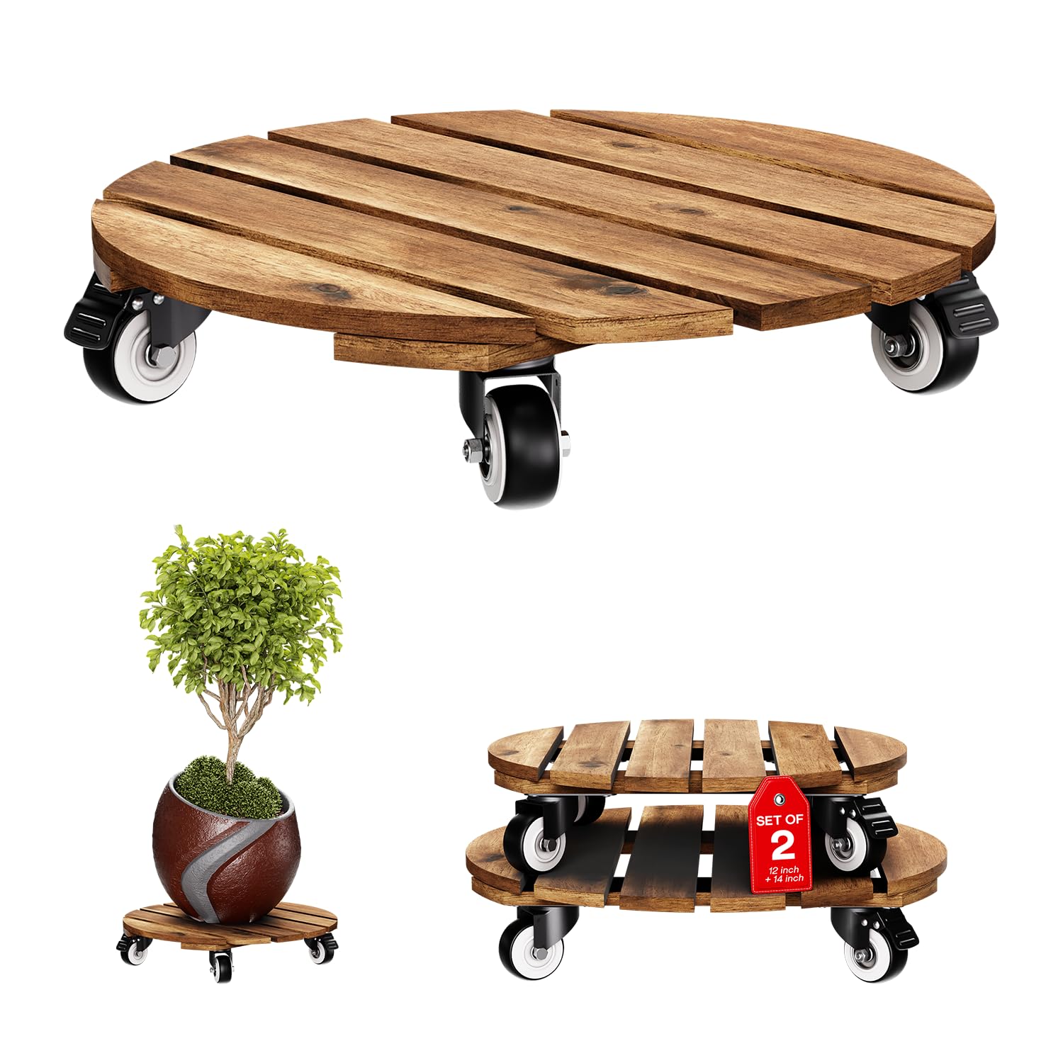 Idzo Combo 12 Inch and 14 Inch Acacia Wood Rolling Round Planter Caddies for Plant Pots, Heavy Duty Plant Stand with 360° Lockable Wheels, 264 lbs Capacity Caddy for Indoor and Outdoor Use, Golden Teak Image