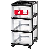 IRIS USA Plastic Drawer Storage Organizer Rolling Cart, with Wheels Casters, 3-Drawers, for Classroom Art Craft Supplies Dresser Closet Bathroom Laundry Room, Black/Clear