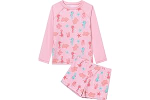 Ewbob 2 Piece Girls Rash Guard Set Long Sleeves Swimsuit Quick Dry Swimwear Beach Shorts Summer Bathing Suits for 3-12 Years