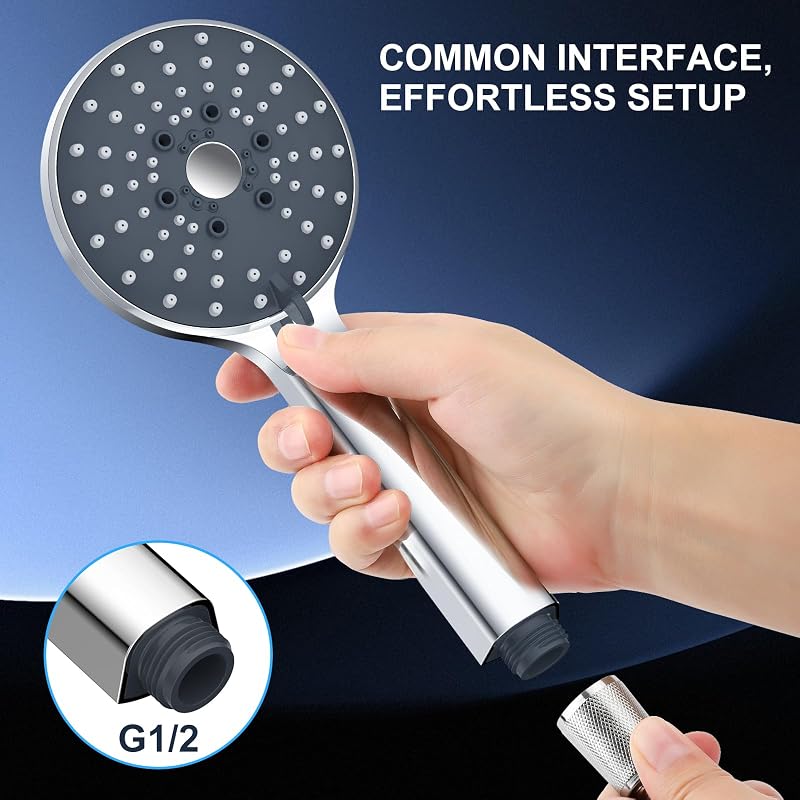 Soffione Doccia con 6 Getti, Alta Pressione, Anticalcare, Pulsante Cambio Rapido, Risparmio Acqua, Installazione Senza Attrezzi, Cromato