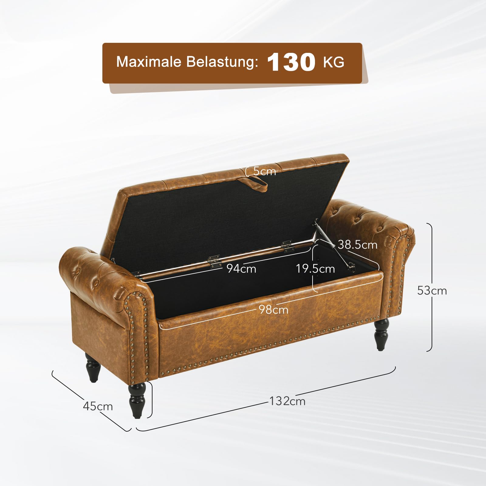 Ckaff Sitzbank mit Stauraum 132cm, Aufbewahrungsbox, Fußbank, Bettbank, Sitztruhe mit Armlehnen aus PU-Kunstleder für Wohnzimmer Schlafzimmer Flur, GelbBraun 9