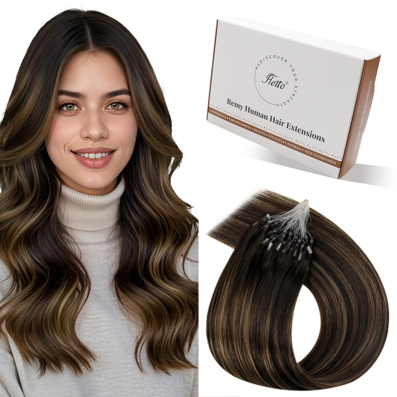 Hetto Micro Beads Hair Extensions Brown Ombre 22 Inch - Micro Loop Real Human Hair Prebonded Extensions Balayage Brown, Long Lasting for Thin Hair Daily Use 50g 50strands #2/8/2 — image 1