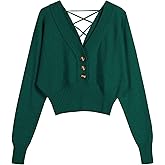 ZAFUL Women V Neck Button Knit Crop Sweaters Batwing Sleeve V Back Ribbed Hem Pullover Sweater