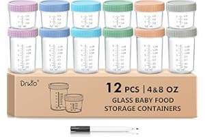 DRKIO 12 Pack Glass Baby Food Storage Containers - 4 & 8 oz Baby Food Jars with Lids Baby Food Maker Microwave Dishwasher Freezer Safe 100% Leak Proof BPA Free Reusable