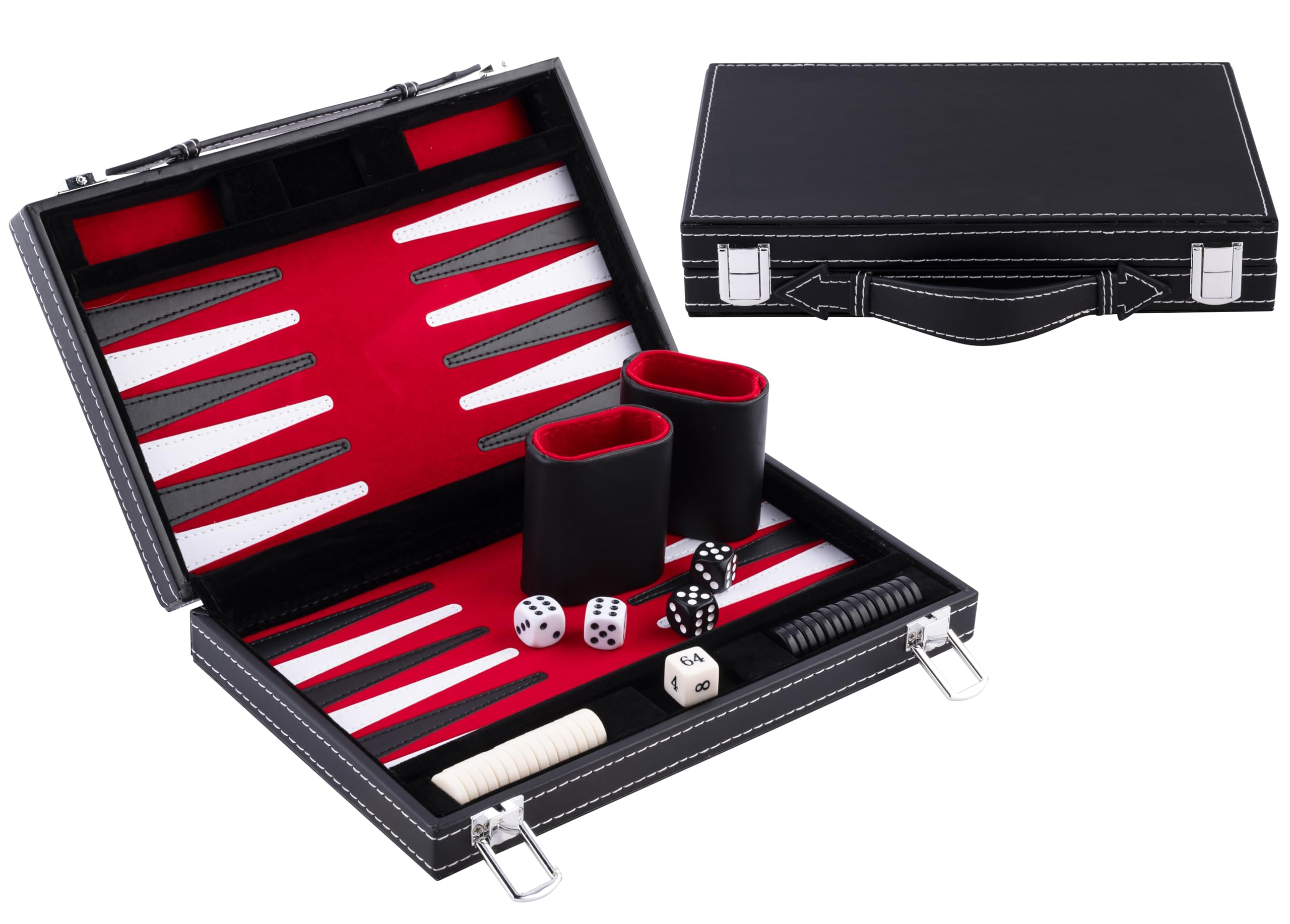 Engelhart - 250513 - Travel Backgammon 11" Game, Leatherette Playing Field, Attache Case (Red/Black/White), 2-Player, Ages 6+