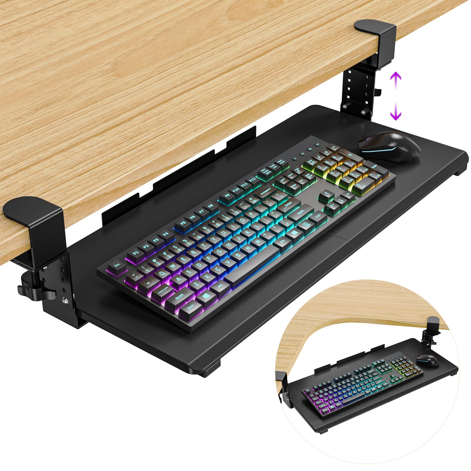 Photo 1 of Snughome Height Adjustable Keyboard Tray Under Desk, Pull Out Keyboard & Mouse Tray with Sturdy C Clamp for L Shaped Table, 26.4''(30.9'' Including Clamps)×11.8'' Slide-Out Computer Keyboard Drawer