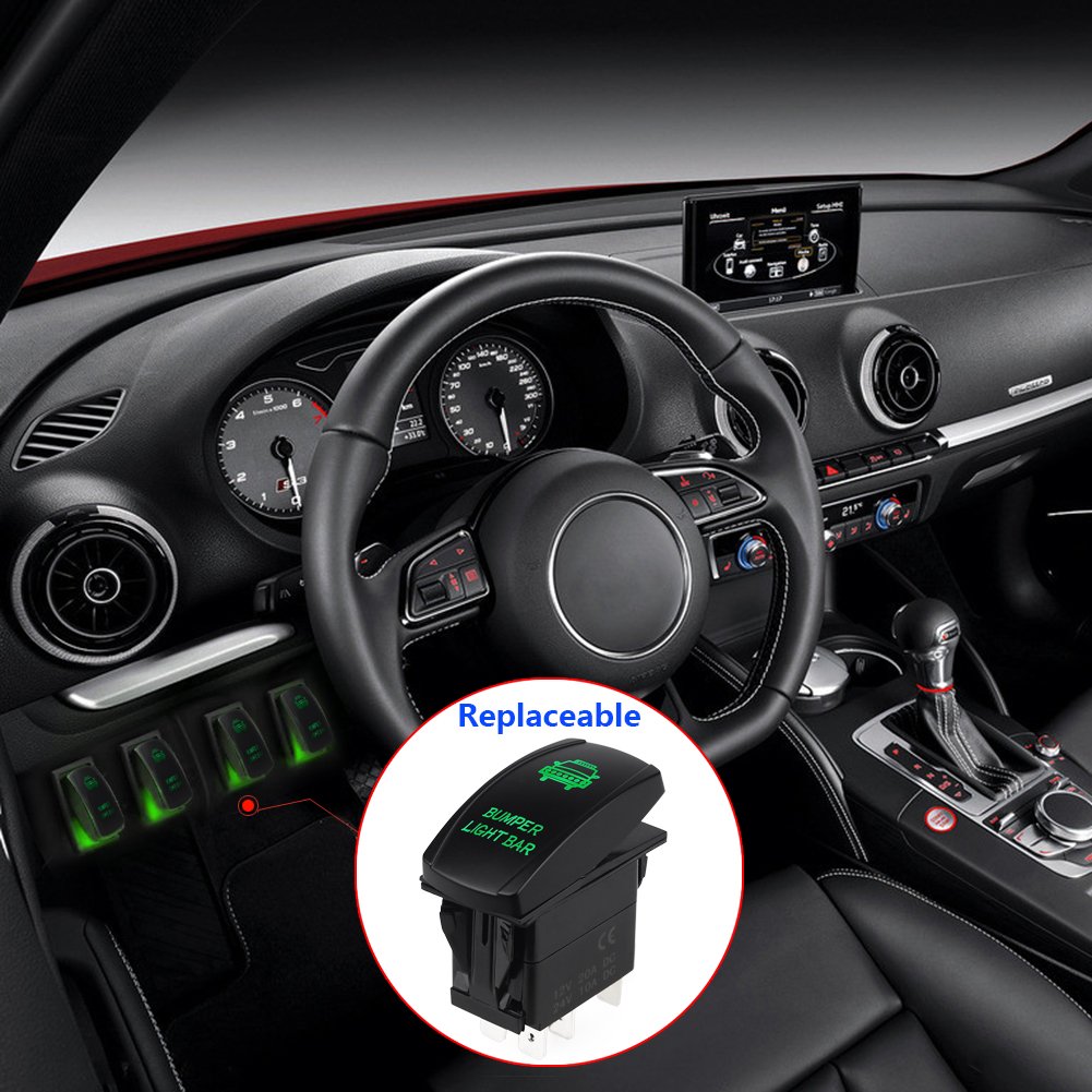 WATERWICH Bumper Light Bar Illuminated Rocker Toggle Switch Waterproof with Jumper Wires Set ON-Off DC 20A 12V/10A 24V 5pin/SPST Toggle Rocker Switch for Auto Truck Boat Marine RV (Green)