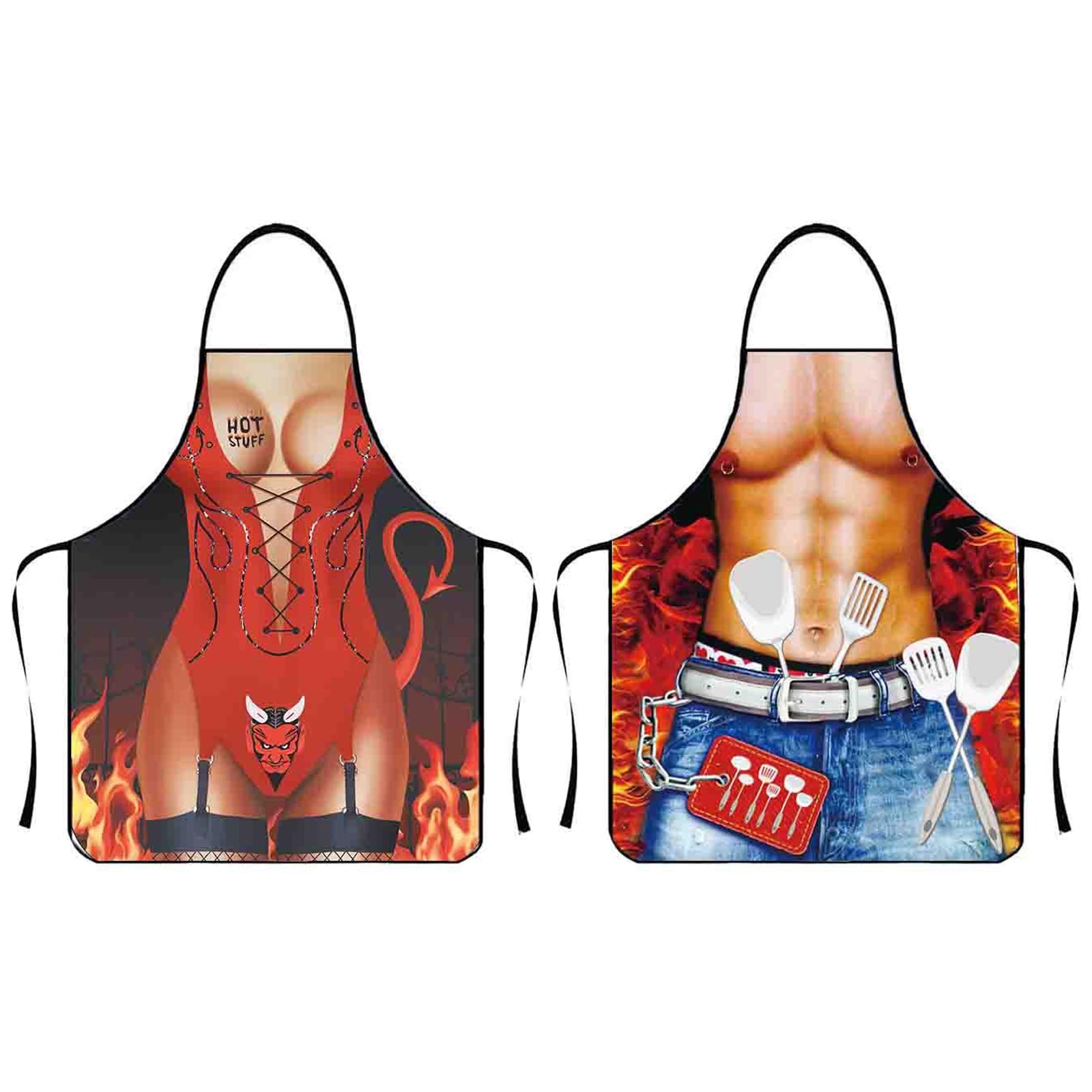 AYNKH 2 Pcs Novelty Cooking Aprons for Couples, Pattern of Muscle Chef and Devil Girl, Adjustable Waterproof Kitchen Apron, for Married Couple Lovers, for Christmas BBQ Party