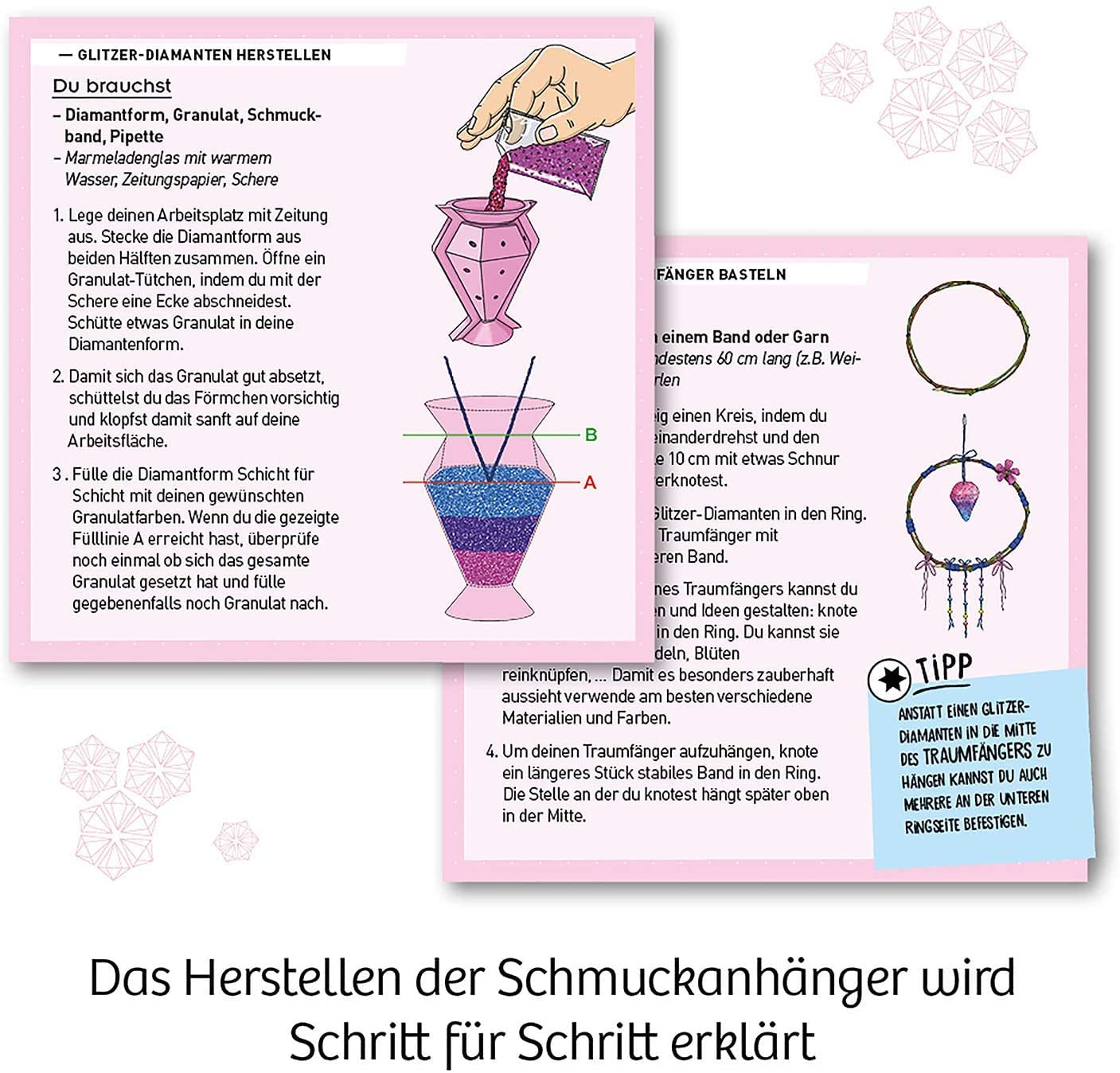 KOSMOS 657758 Glitzer-Diamanten, Funkelnde Schmuck-Anhänger erstellen und gestalten, mit Gießformen, Schmuckbändern, Glitzer, Granulat in 3 Farben, Experimentierset für Kinder von 8-12 Jahren 4