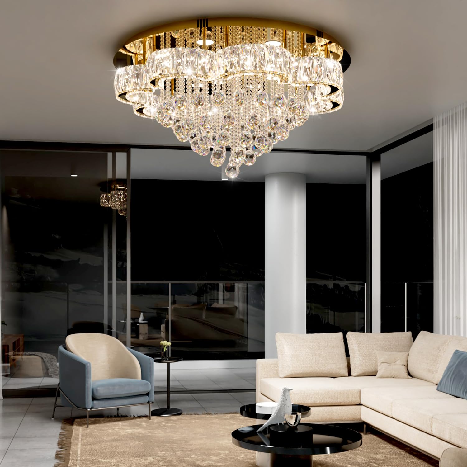 Photo 1 of W32in Crystal Ceiling Chandelier Modern Gold Chandeliers Raindrop Crystal Ceiling Lighting Fixture Flush Mount Chandelier for Living Room Hallway Dining Room Kitchen Bedroom