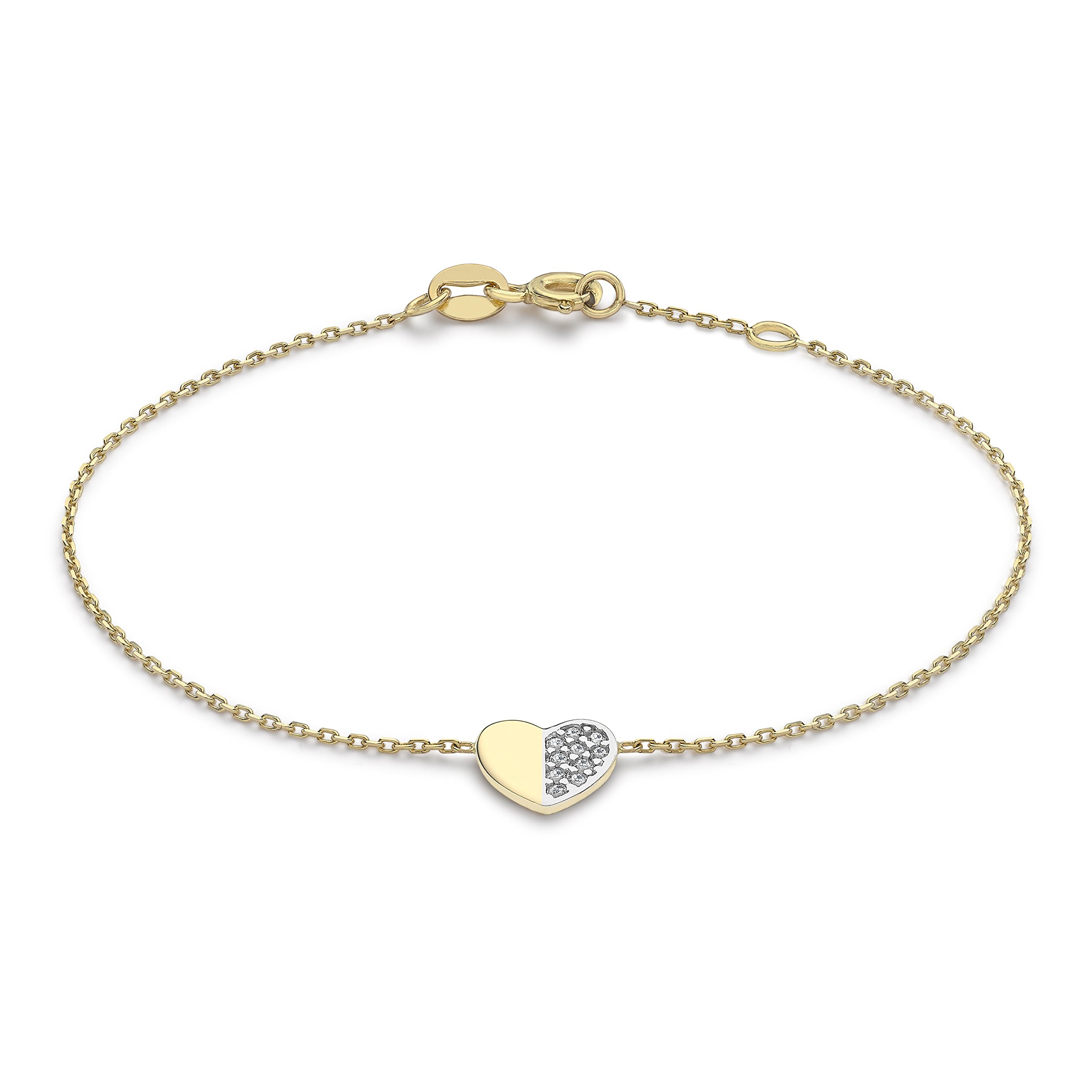 CARISSIMA Women 9 ct (375) Yellow Gold Round Cubic Zirconia 8.5 x 7.5 mm Heart on Adjustable Bracelet 18 cm/7 Inch - 19 cm/7.5 Inch