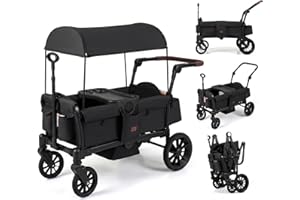 INFANS Wagon Stroller for 2 Kids, Foldable Wagon Cart with Adjustable Handle Pull Bar, Removable Canopy, Footwell, Snack Tray
