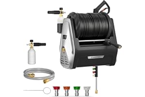 Giraffe Tools Wall Mounted Pressure Washer G30 with Upgraded 1800W Motor, Max 2900 PSI, 2.2 GPM Electric Power Washer with 100ft Retractable Black Pressure Hose, Automatic Rewind, Light Silver