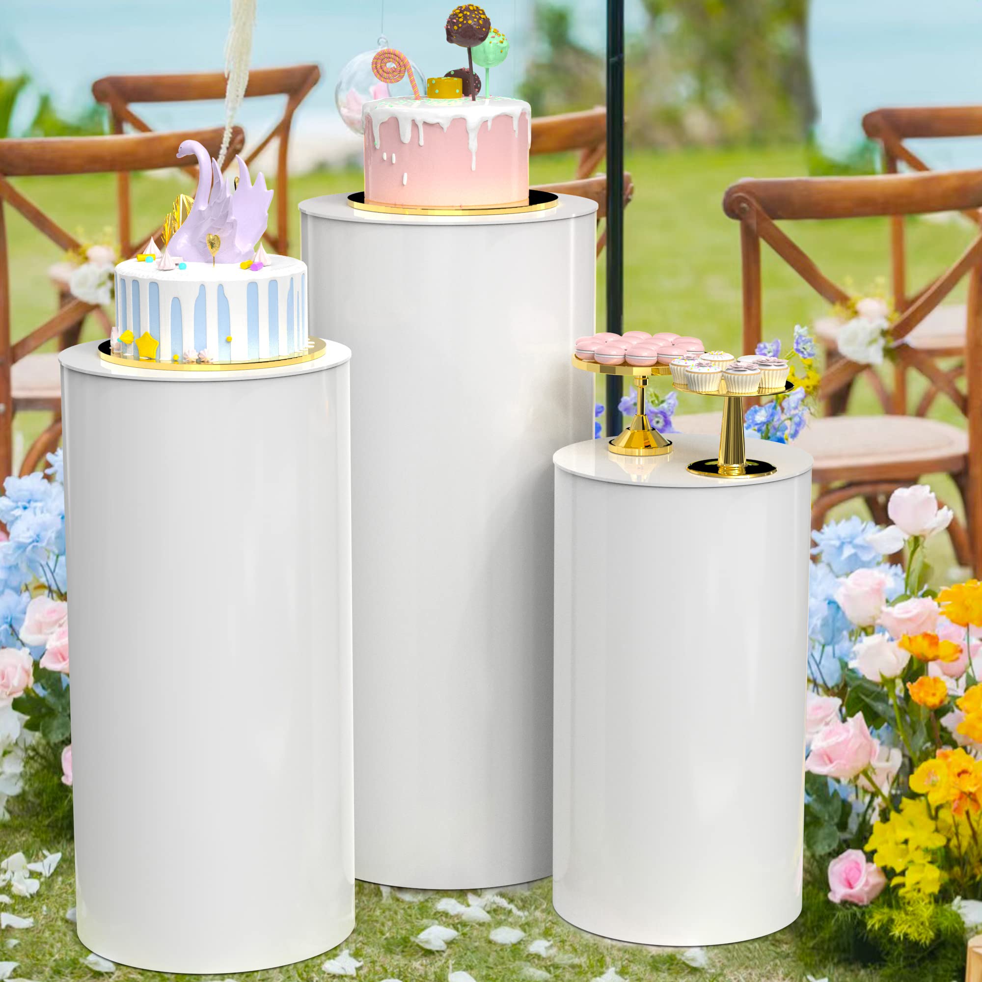 Putros Cylinder Pedestal Stands 3Pcs White Round Cylinder Pedestal Display Plinth Pillars for Wedding Party Decor 35.4''(L),29.5''(M),23.6''(S)