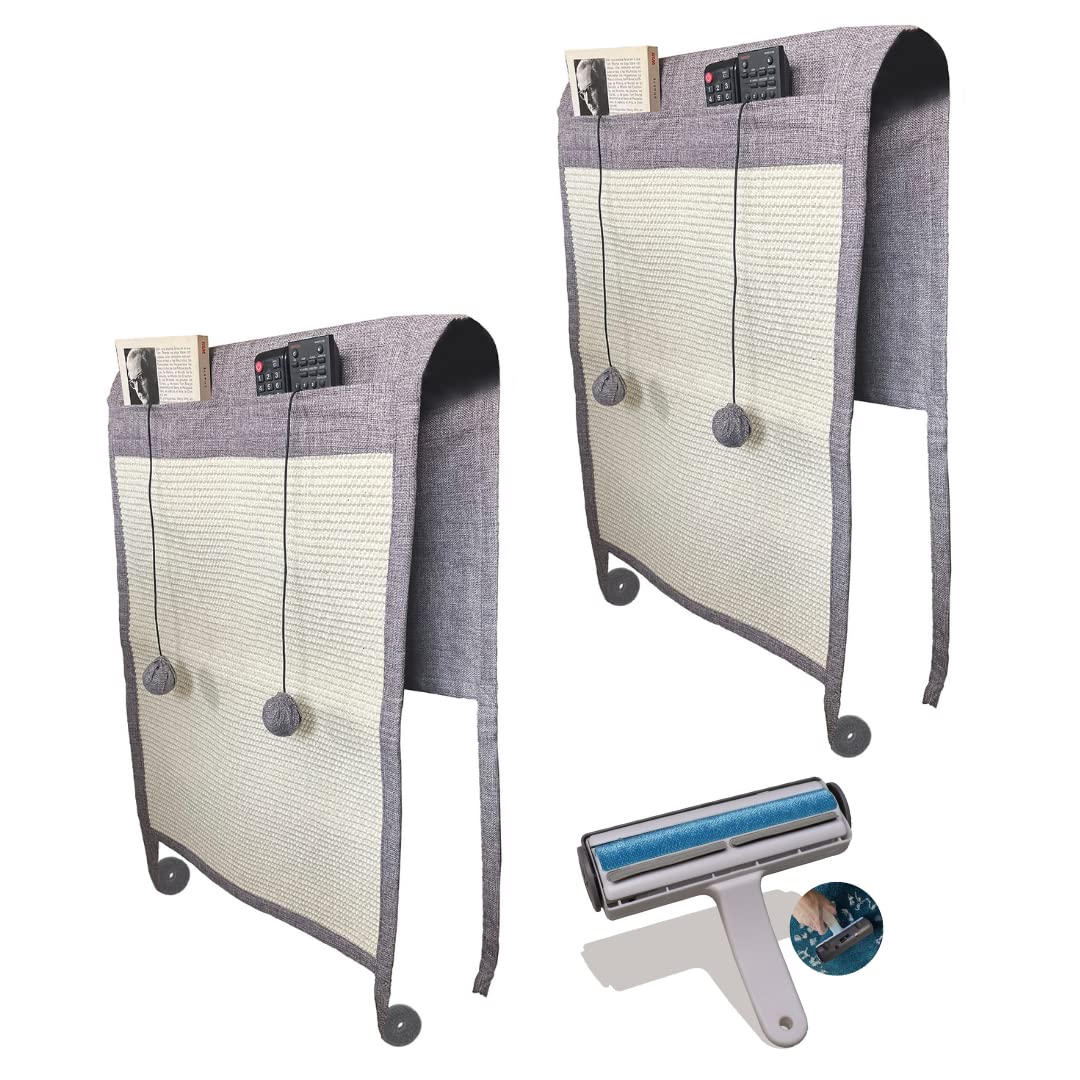 TREKAM Cat Scratcher & Roller Remover - Natural Sisal Nail Sharpener & Pet Hair Roller - Heavy Duty Cat Scratcher Protector with Elastic Toy Balls & Pockets - for Kitten