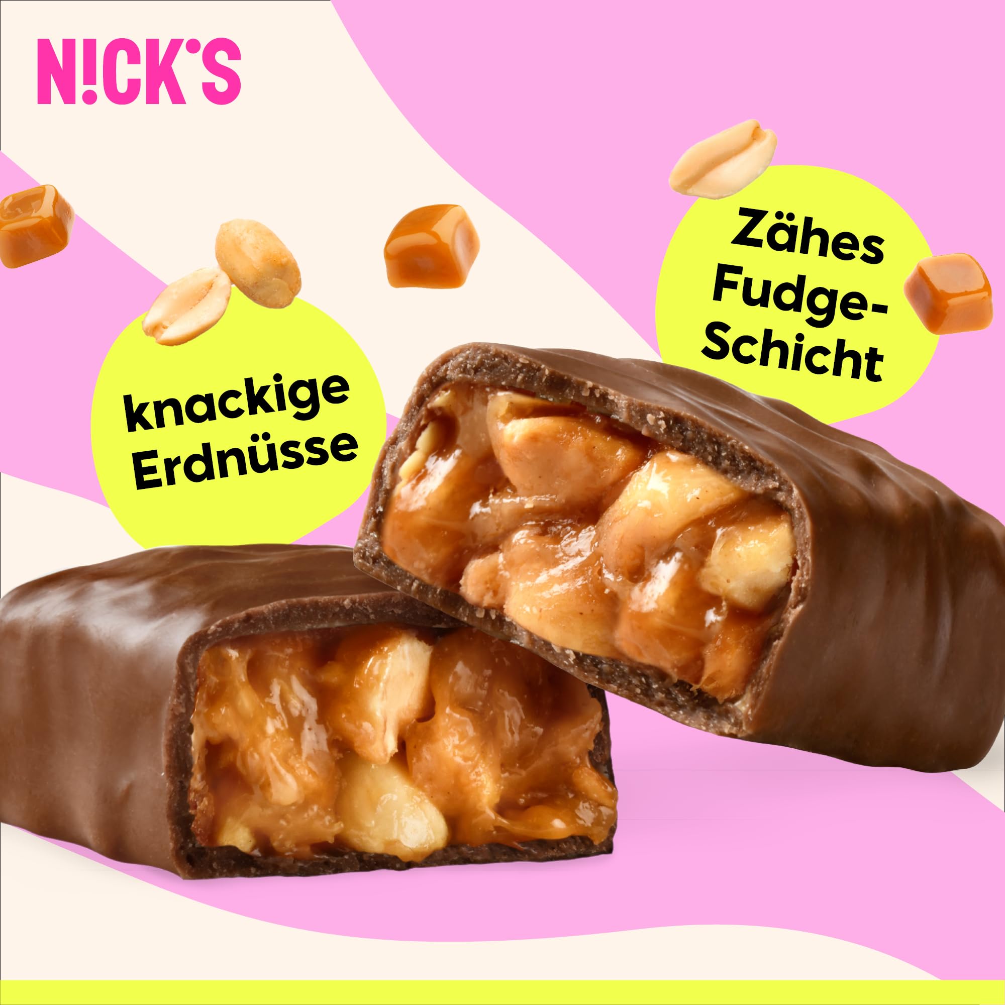 NICKS Keto Riegel Peanuts n fudge, Schokolade Erdnüsse Karamell Snacks, 175 Kalorien, 4,1 Net carbs, ohne Zuckerzusatz, Glutenfrei, Low carb Süssigkeiten (15x40g) 6