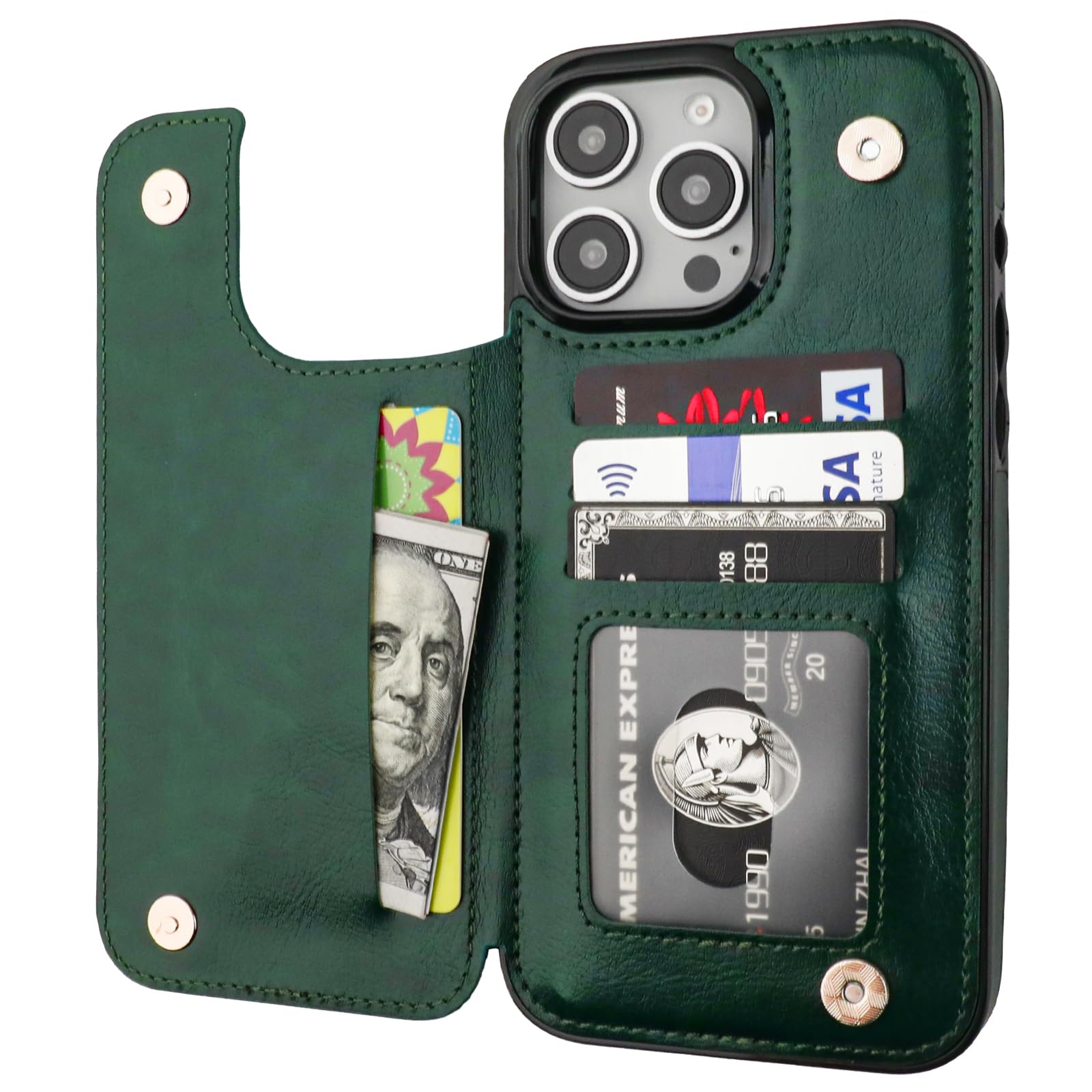 ONETOP Compatible with iPhone 16 Pro Max Wallet Case with Card Holder, PU Leather Kickstand Card Slots Case, Double Magnetic Clasp and Durable Shockproof Cover 6.9 Inch (Green)