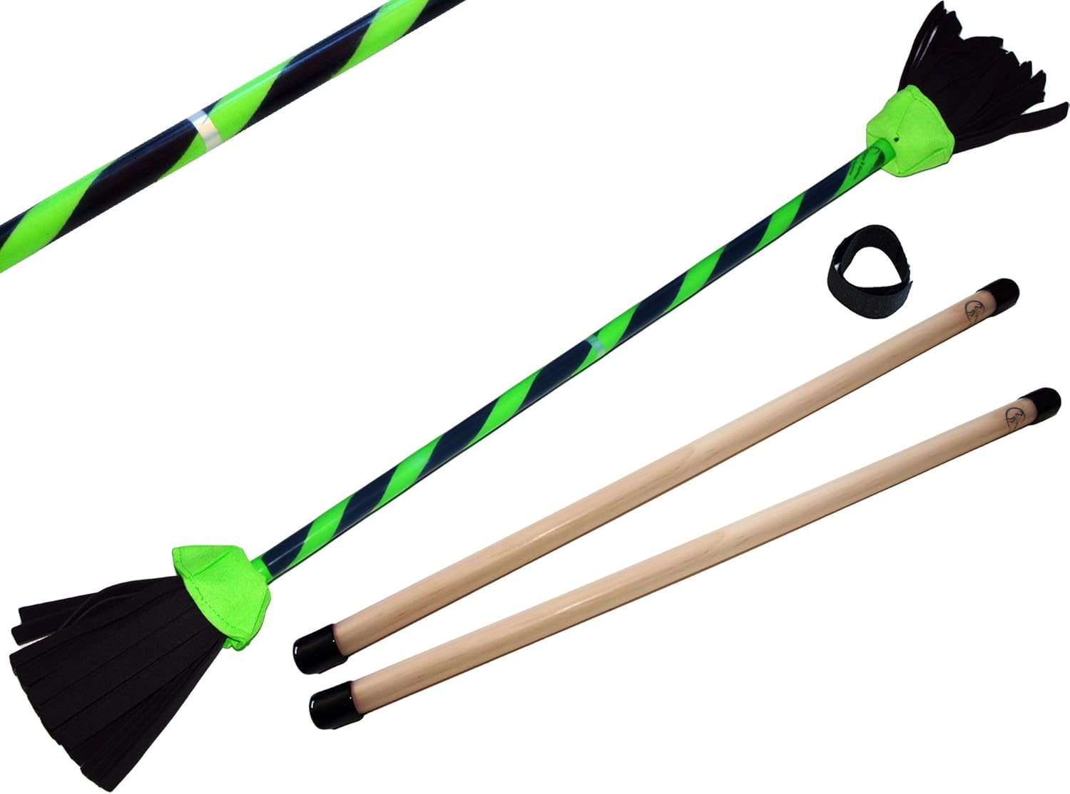 FLASH Pro Flowerstick Set (GRUN) Silikon beschichtet Flower & Handstäbe! Suprime Qualität, Fiberglasstock, Silicone Grip, Wildlederfransen, Befestigungsgurt. Devilsticks für Anfänger und Profis.