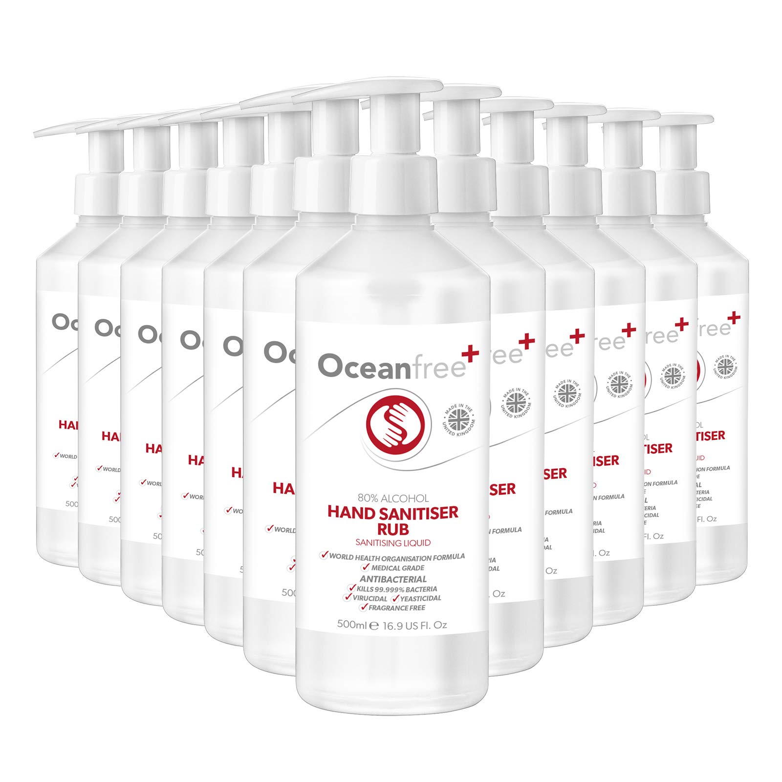 80% Alcohol Hand Sanitiser Liquid Rub - 12x 500ml Pump Bottle - Certified Surgical/Medical Grade - Made in the UK (Pack of 12)