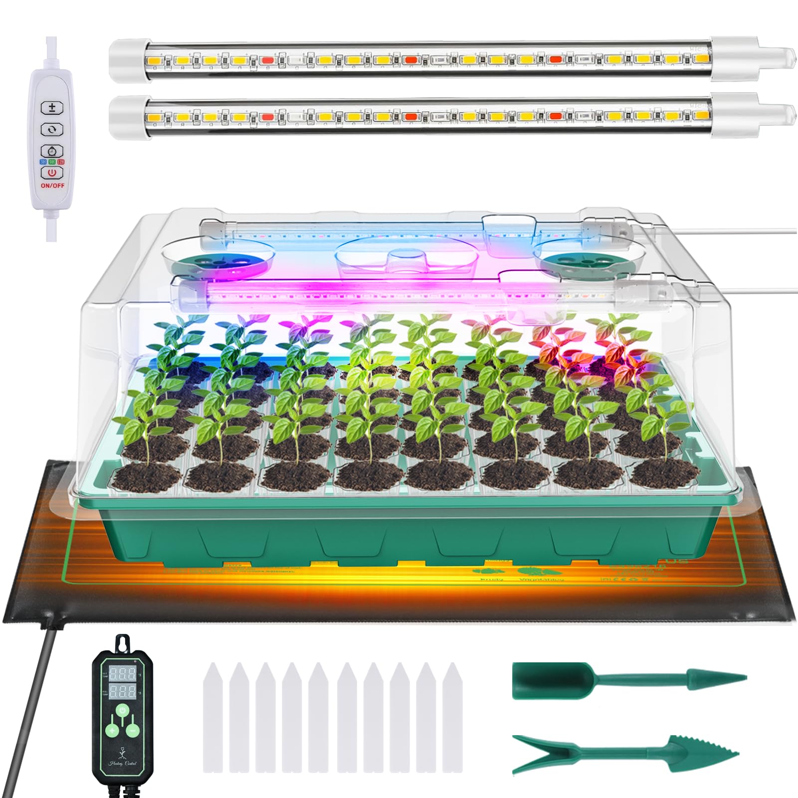 Photo 1 of Adawook Seed Starter Tray with Grow Light and Thermostat Controller Heat Mat, 10"x 20.75" Heat Mats for Plant Growing?68-113°F Adjustable?Color Change Grow Lights?Germination Trays Kits