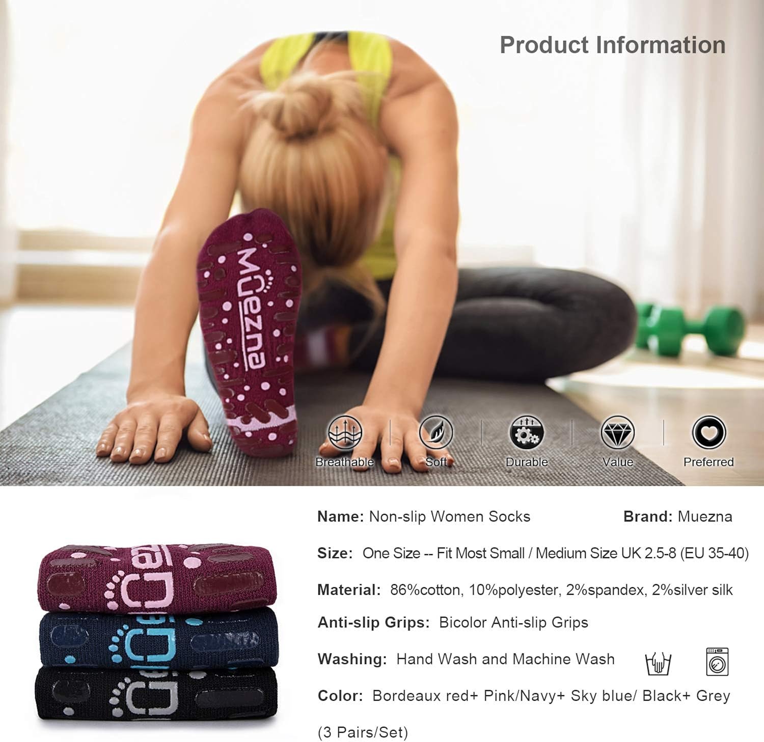 Muezna Non Slip Yoga Socks for Women, Anti-Skid Pilates, Barre, Bikram Fitness Socks with Grips, Size 5-10 (3 Pack: (Black/Navy/Burgundy)+Two-Color Grips) : Clothing