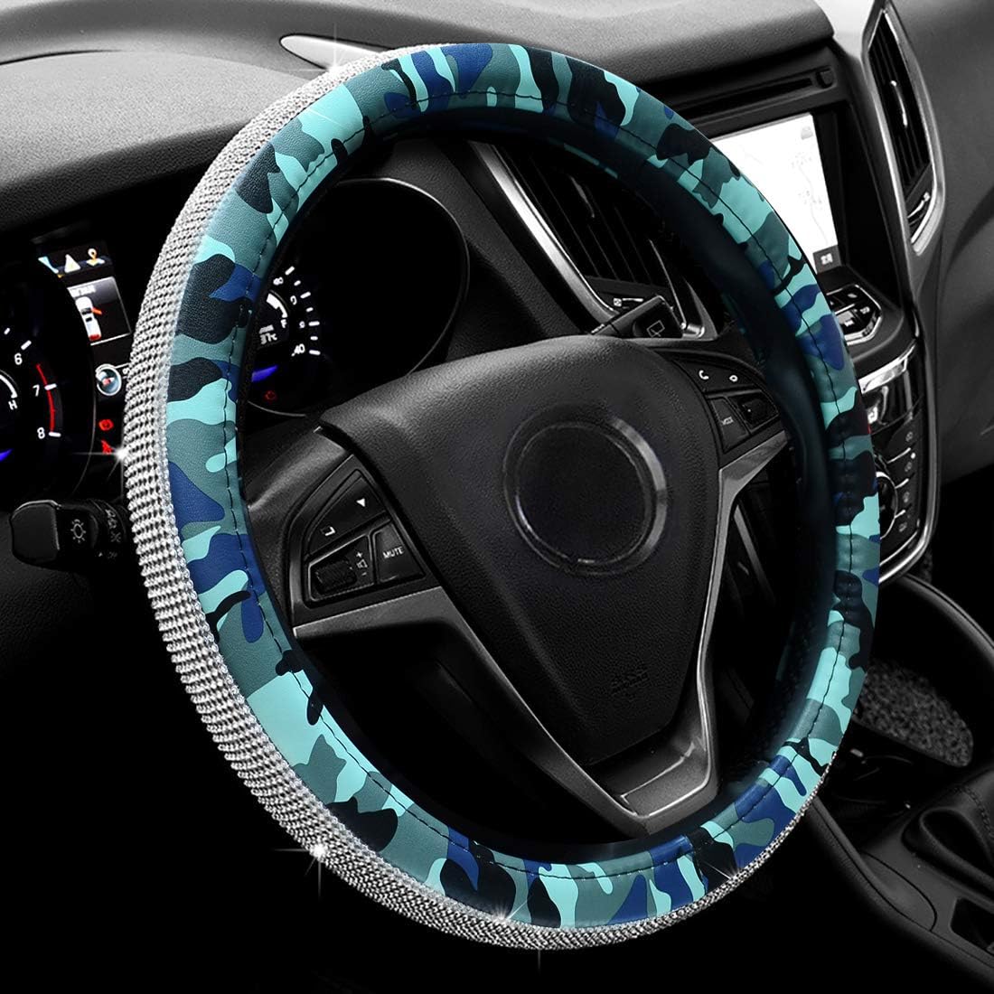 Didida Steering Wheel Cover Bling Rhinestones for Men Women Diamond Crystal Universal 15 Inch Patch with Camouflage PU Leather (Lake Blue) …