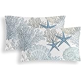 Tritard Nautical Coastal Throw Pillow Covers 12x20 Inches Set of 2 Beach Themed Ocean Seashell Coral Starfish Velvet Couch Lumbar Pillow Cover Outdoor Sofa Cushion Cover for Bedroom Living Room, Blue
