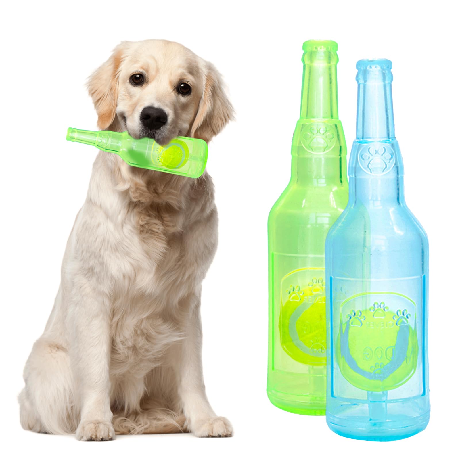 Noaya 2Pcs Squeaky Dog Toys - Plastic Bottle Toys for Dogs with Tennis Ball for Boredom, Interactive Chew Toys for Small Medium Dogs, Indoor/Outdoor Dog Toy(Green, Blue)