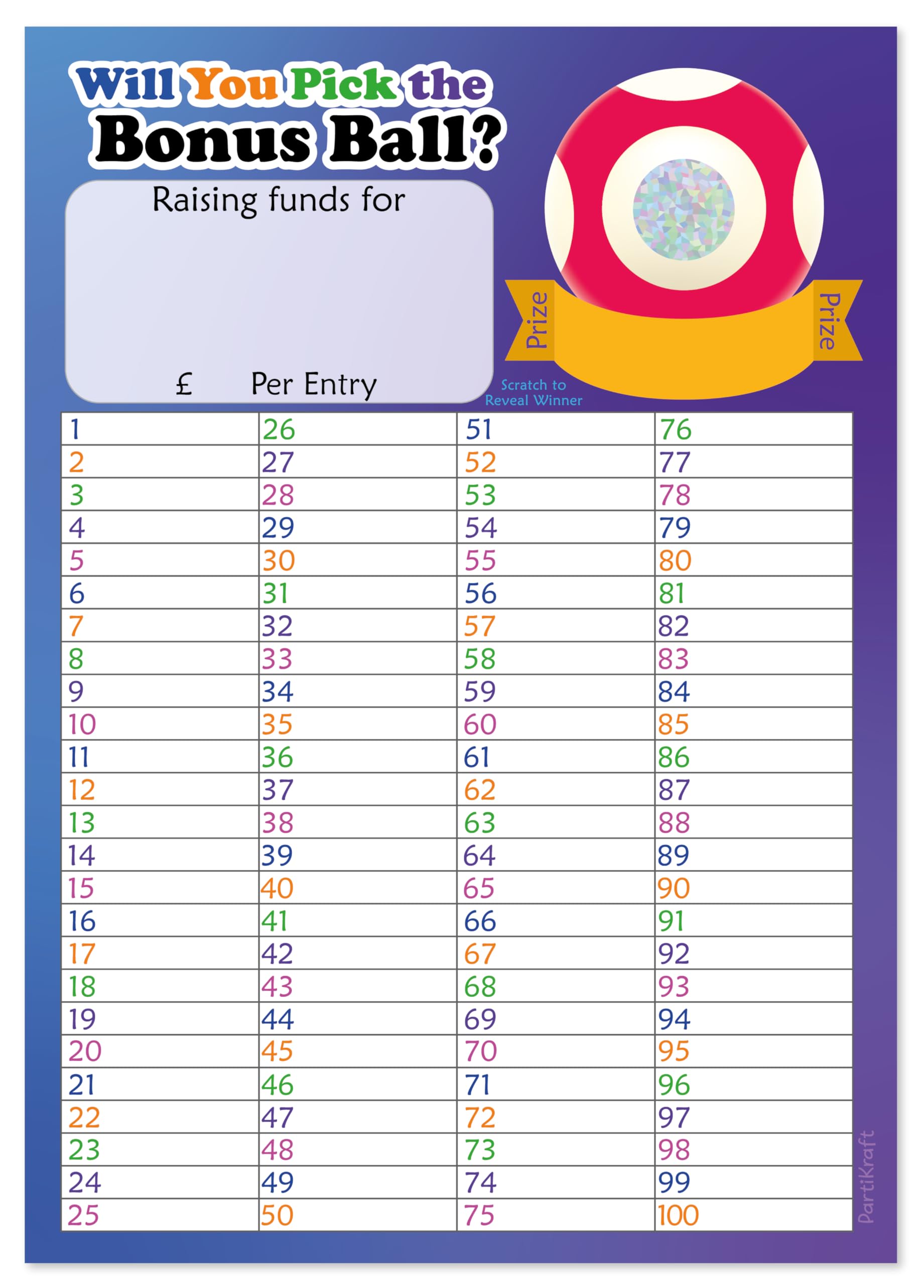 PartiKraft (Pack of 2) A4 Fundraising Bonus Ball - Pick The Winning Number - Scratch To Reveal Game Card - 100 Boxes