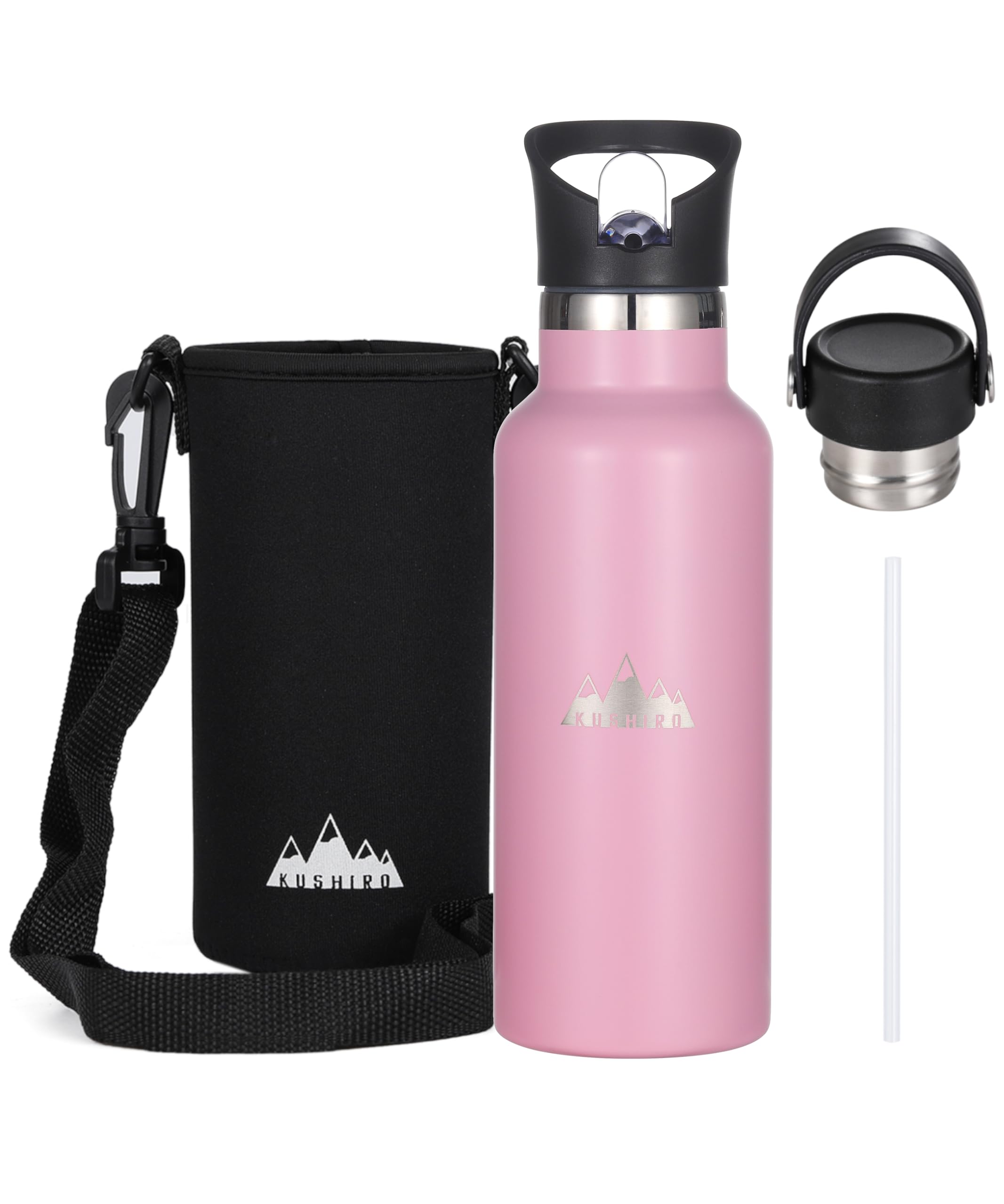 Kushiro Stainless Steel Water Bottle with Bag, Straw Lid, Reusable Vacuum Insulated Metal Drinks Flask, Thermal Insulated Bottle for Travel, Gym, Sports, Outdoors, Work, School - 500ml (Pink)
