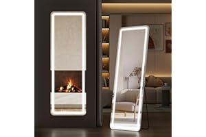 Sweetcrispy Full Length Mirror with LED Lights, 61"x17" Lighted Floor Mirror with Dimming & 3 Color Lighting, Stand for Bedroom, Dressing Room