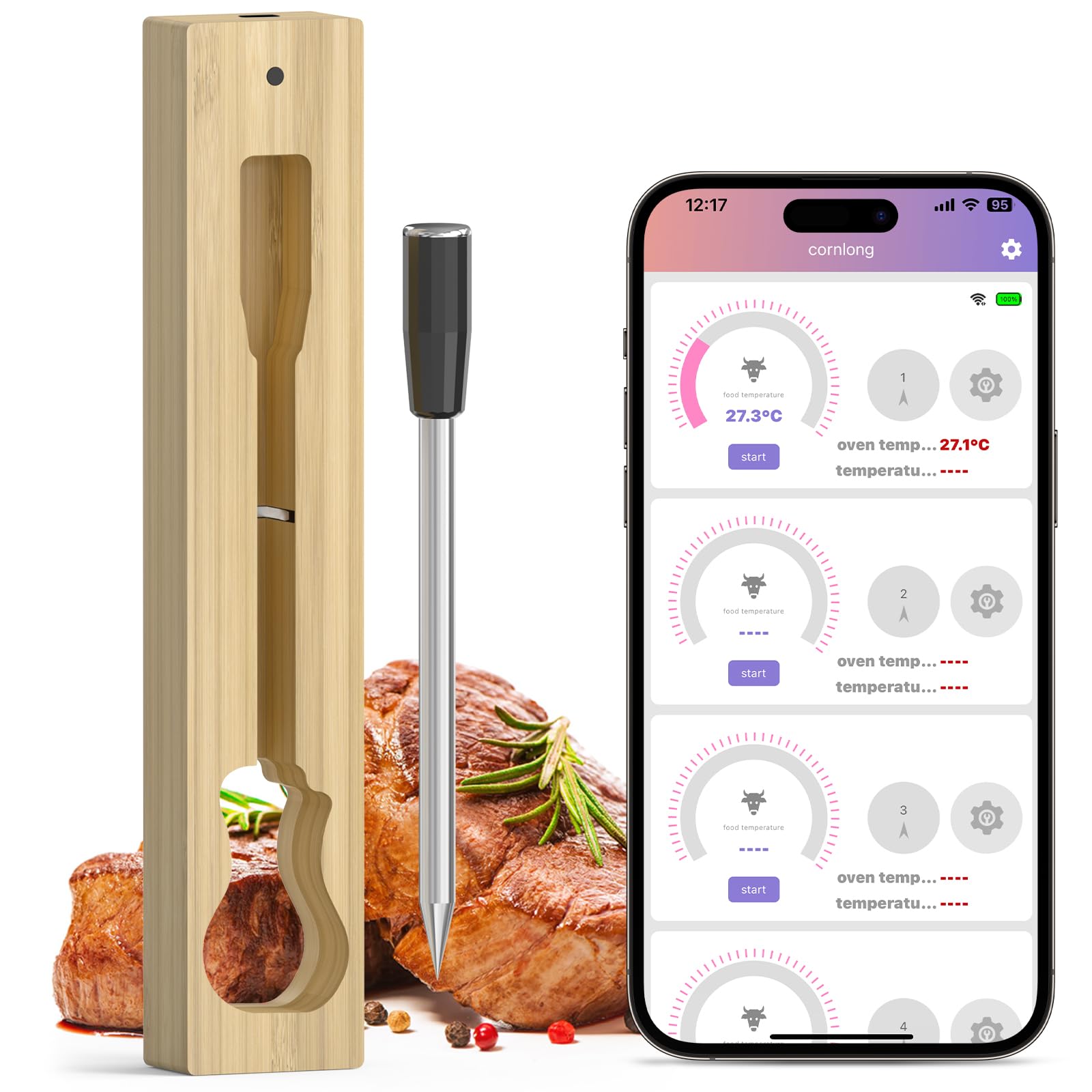 Photo 1 of Wireless Meat Thermometer Bluetooth: Long Range Instant Read Digital Food Thermometer with Smart App, Measures Internal & Ambient Temp for BBQ, Oven, Grill, Smoker, Rotisserie & Kitchen Cooking