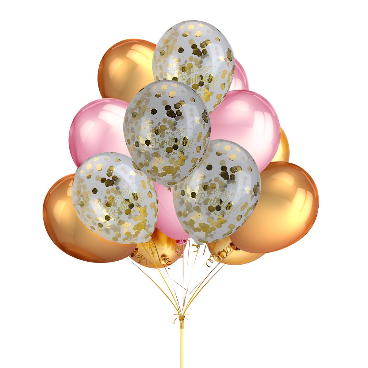 15 pcs Gold Confetti Balloons Printed Happy Birthday with 12 inches Gold and Pink Latex Party Balloons (30 Pcs) for Birthday Baby Shower Party Decorations Supplies