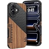 Dolstrap Rugged Case Compatible with iPhone 17 Case, (Natural Wood & Carbon Fiber Hybrid) Slim Phone Cover, Black+Brown