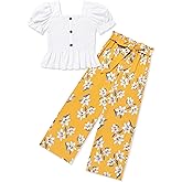 FoWear Girls Clothes Solid Color Square Collar Stretch Top and Wide Leg Pants Clothes for Teen Girls 6-14Y