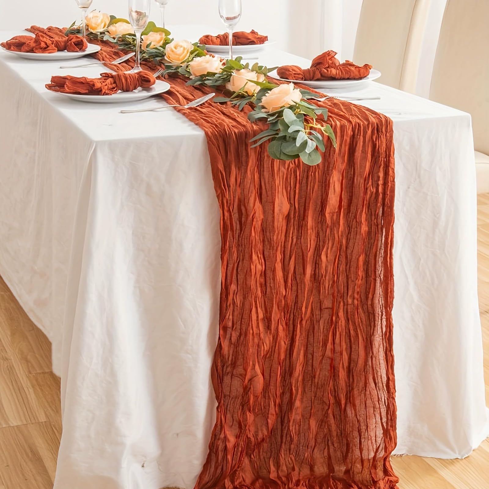 Photo 1 of 2 Pack Terracotta Cheesecloth Table Runner 35x120 Inch 10Ft Boho Gauze Fabric Table Runner Rustic Sheer Runner for Wedding Birthday Baby Shower Party Boho Table Decoration(Terracotta, 2 Pack)