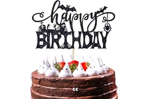AERYOURTAR Halloween Happy Birthday Cake Topper - Spooky Zombies Birthday Cake Decoration - Bat Ghost Birthday Party Supplies for Adult/Kids, Black Glitter