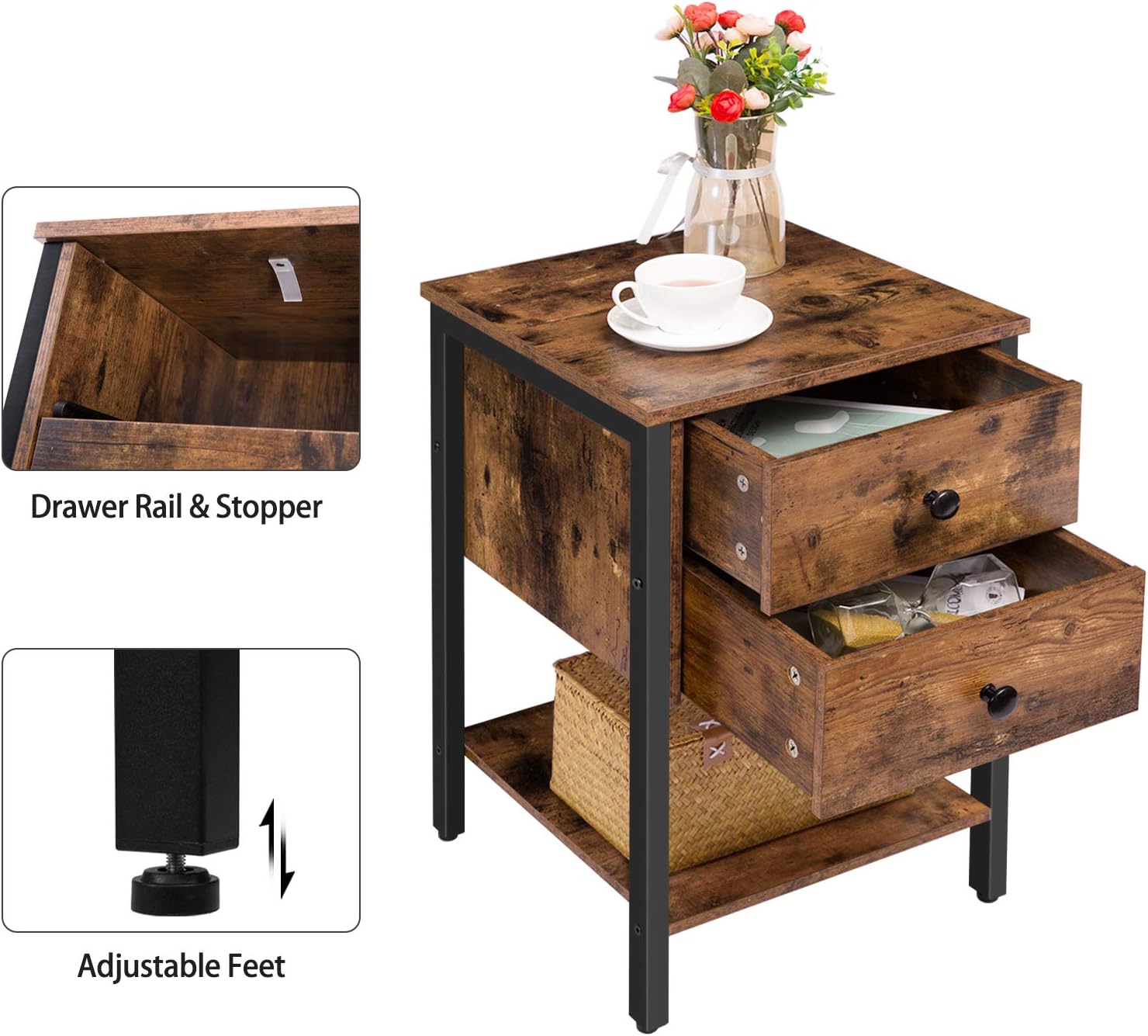 HOOBRO Nightstand with 2 Drawers and Open Shelf, Industrial Square End Table for Storage, Bedside Table in Living Room, Bedroom, Easy Assembly, Wooden Look with Metal Frame, Rustic Brown BF47BZ01: Home & Kitchen