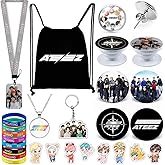 YX&ST Kpop Gifts Set for Ateez, Including Drawstring Bag Backpack, Necklace, Earrings, Bracelets, Button Pins, Lanyard ID Holder, Cartoon Badge, Phone Ring Holder
